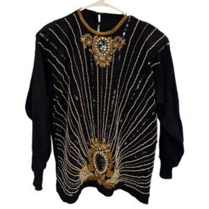 ✨ Stunning Vintage Beaded Dark Navy Long Sleeve Sweater